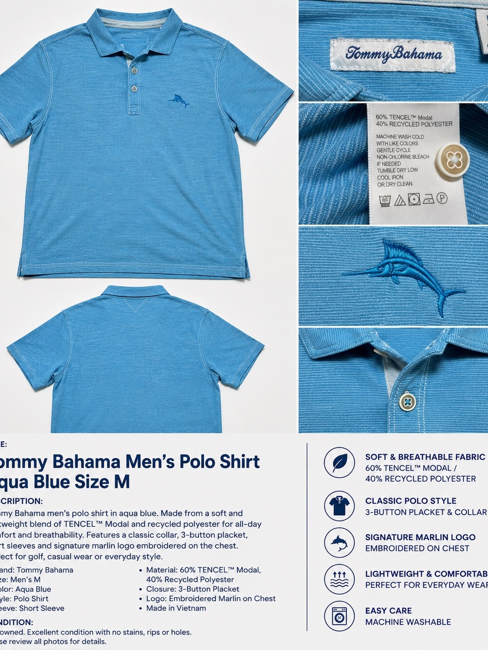 Tommy Bahama Men’s M Blue Aqua Polo Shirt Marlin Logo Short Sleeve Casual